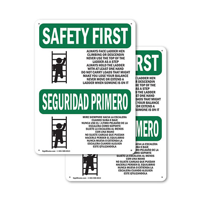 (2 Pack) Always Face Ladder Safety Bilingual OSHA Safety First Sign ...