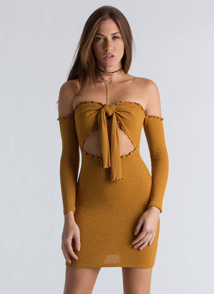 GoJANE Knot Now Ribbed Off-Shoulder Dress Mustard Size M