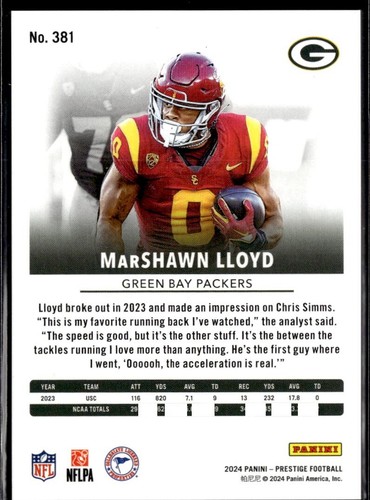 2024 PANINI PRESTIGE RED XTRA POINTS ROOKIE #381 MarSHAWN LLOYD RC (266/999) - Picture 2 of 2