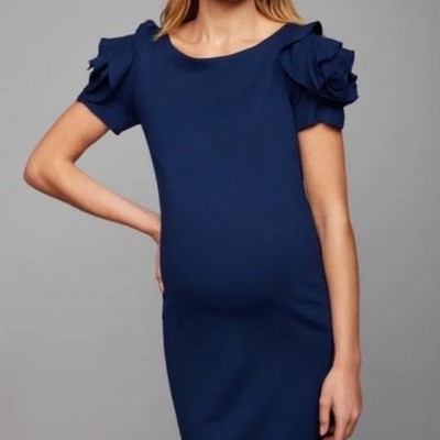 Pietro Brunelli Ruffle Sleeve Maternity Sheath Dress S Navy Ponte Knit  NEW!