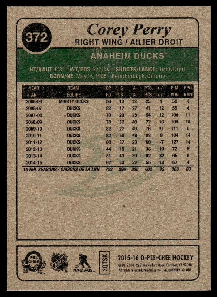 2015-16 O-Pee-Chee Retro Corey Perry Anaheim Ducks #372 - Image 2 of 2