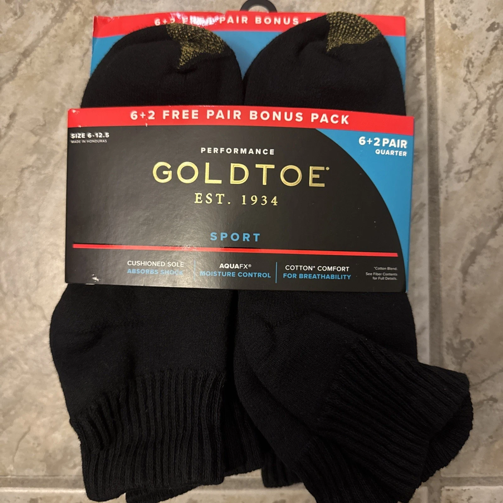 GoldToe Cotton Quarter Aquafx Socks 8-Pair Bonus 6+2 Pack Black Men Size 6-12.5