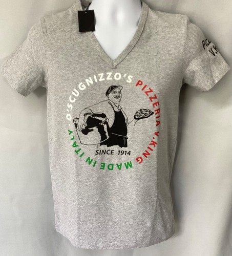 Brandneu mit Etikett VKING Herren T-Shirt V-Ausschnitt Pizza Motiv grau Größe Medium (451G) - Bild 2 von 5