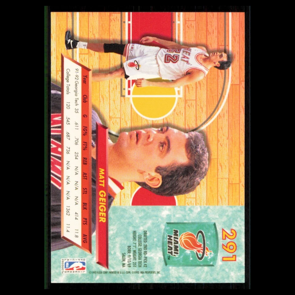 Tarjeta de baloncesto Matt Geiger Rookie #291 1992 Fleer Ultra Miami Heat NBA casi nueva Foto 2 de 3