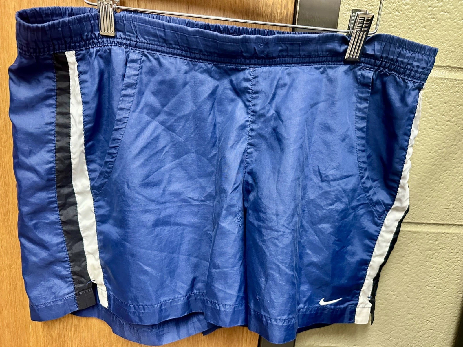 Vintage 90’s Nike Navy Blue Nylon Track Athletic Shorts with Stripes Size Small