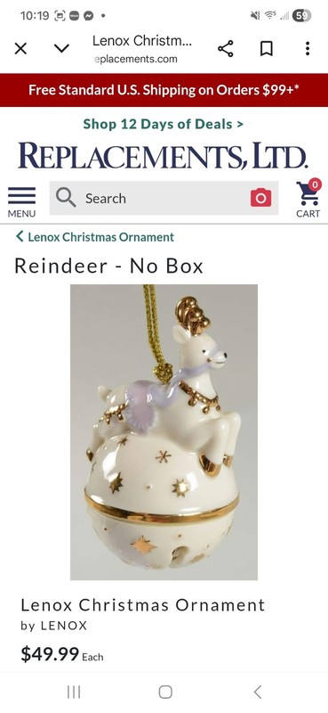 Lenox Mini Sleigh Bell Reindeer Ornament~,Porcelain~Handpainted~Retired