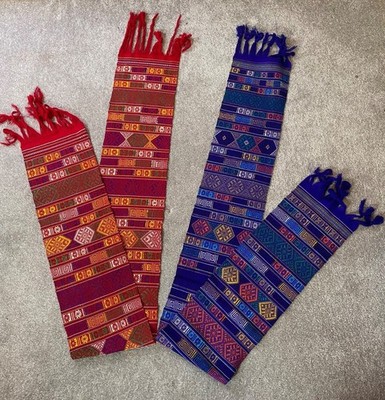 2 Handwoven Ceremonial Scarf Geometric Designs Fringed Ends Blue Orange Red