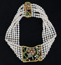 Masriera Plique-a-Jour Diamond and Pearl Choker Necklace