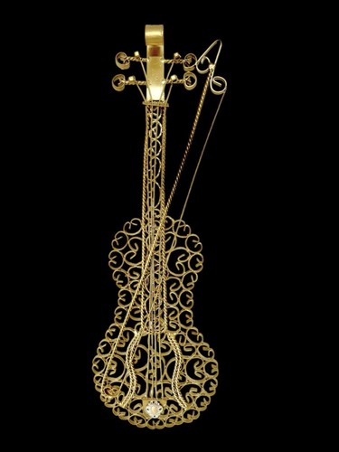 Vintage 80's Victorian Gold Iron Scrollwork Coral Cabochon Violin Wall Art Work - Picture 11 of 23