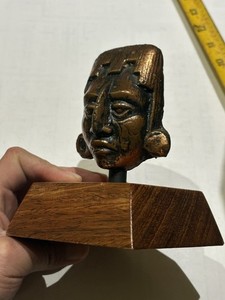 Rare Pre Columbian Style Metal Olmec Maya Head Bust Sculpture on Wood Base