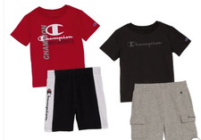 Champion Kids 4-Piece Active Set. Red/Black Shirts-Gray/Black Shorts. Size 5