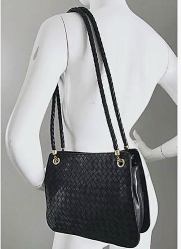 Bottega Veneta Dark Navy Woven Shoulder Bag Braided Strap Gold Hardware VINTAGE