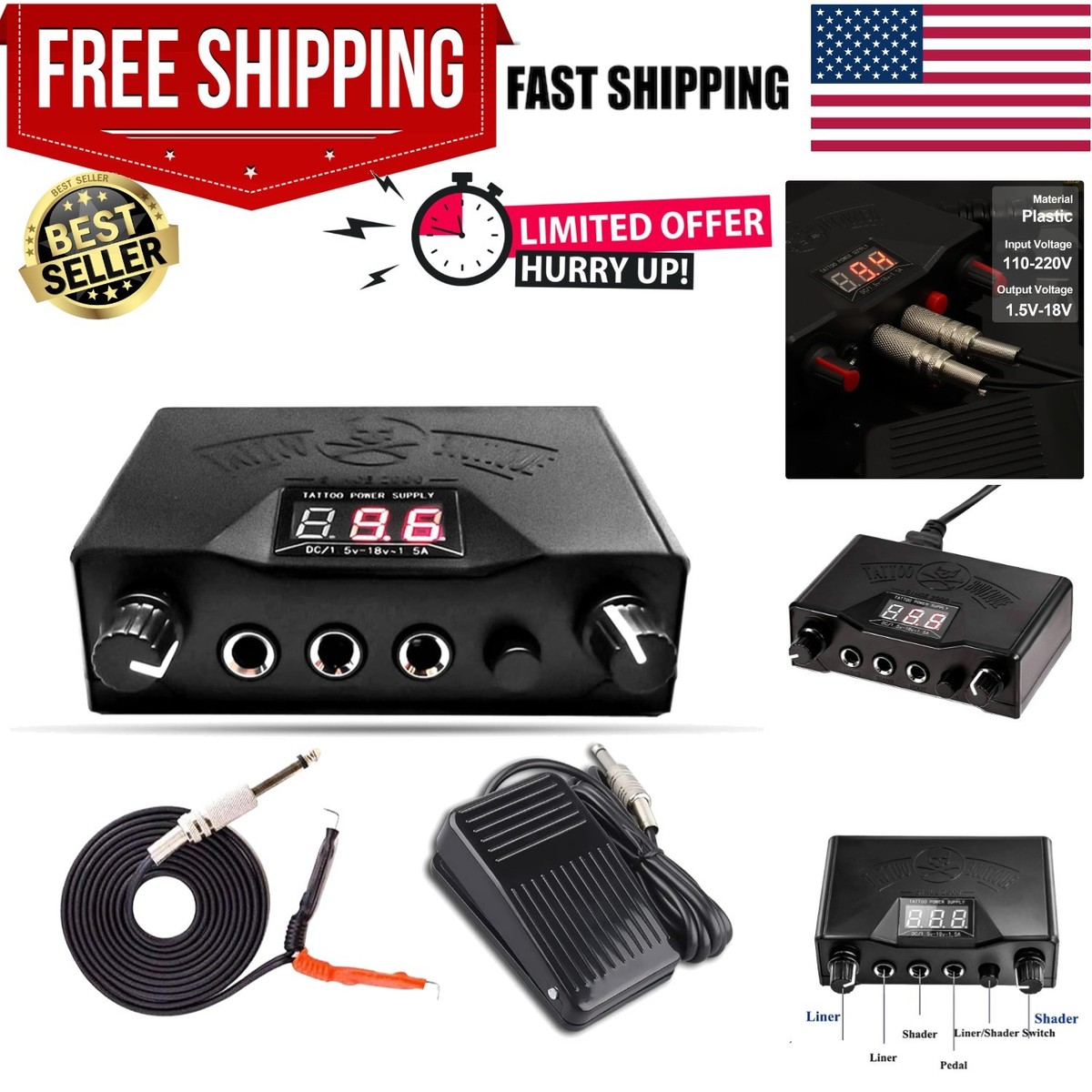 Dual Digital Tattoo Machine Power Supply Kit with Foot Pedal and