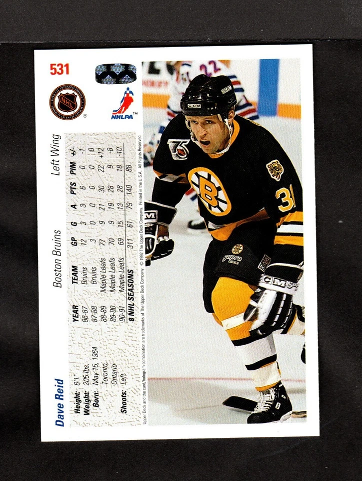 Hockey Card - Dave Reid - Bruins - Upper Deck  - 1992 - #531 - Image 2 of 2