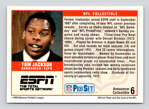 1989 Pro Set Card, #6 Tom Jackson, Denver Broncos Ring of Fame, Announcer ESPN - Picture 2 of 3