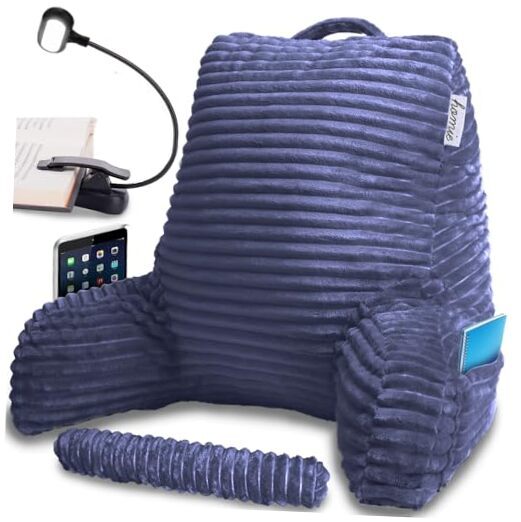 Reading Pillow with Reading Light and Wrist Support, Large 18in x 31in Blue