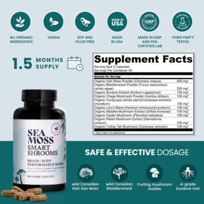 Irish Sea Moss Capsules & Mushroom Complex - Organic Seamoss with Adaptogens ...