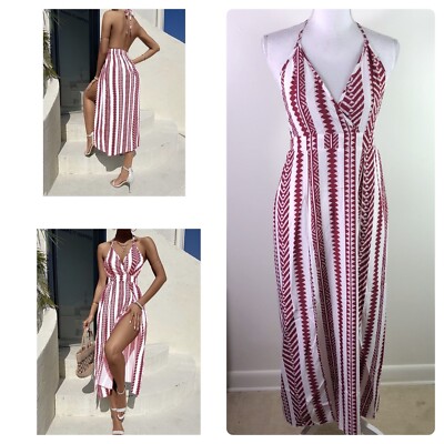 Unbranded women's tribal print backless halter hi side slits dress Sz