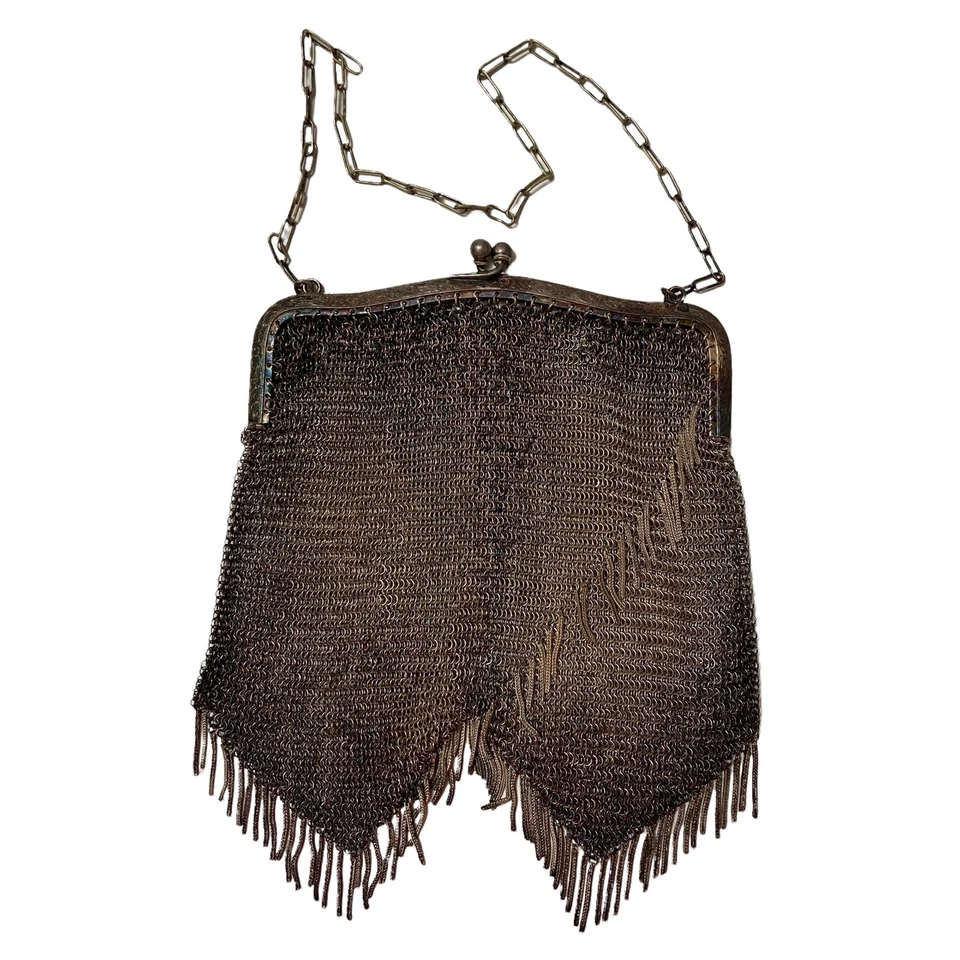 Cartera de malla metálica con solapa Art Deco con eslabones de correo de cadena de plata alemana de colección Foto 2 de 4
