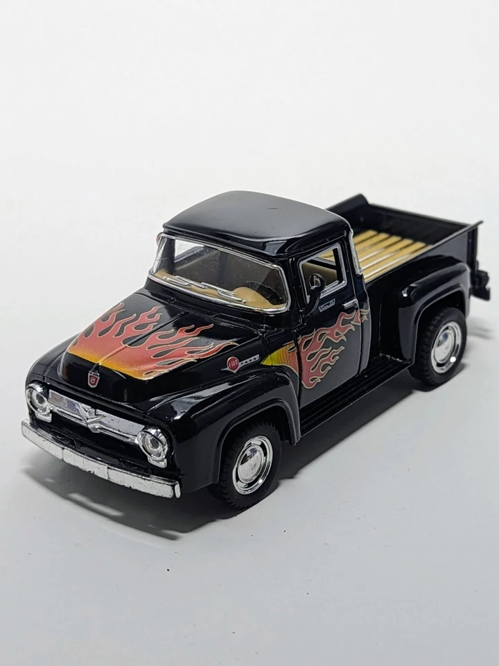 Ford F-100 1956 camioneta suelta escala 1/36, negra con llamas, retroceso Kinsmart Foto 2 de 4