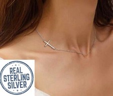Real Sterling Silver.925 Small Sideways Cross Pendant Necklace 16"