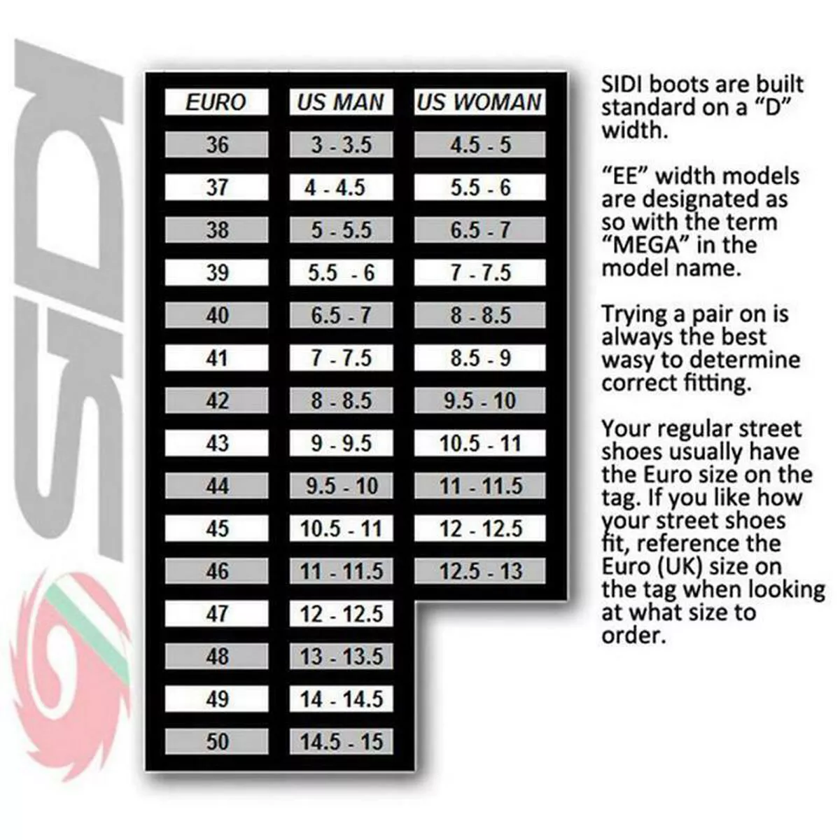 Sidi motorcycle top boots sizing