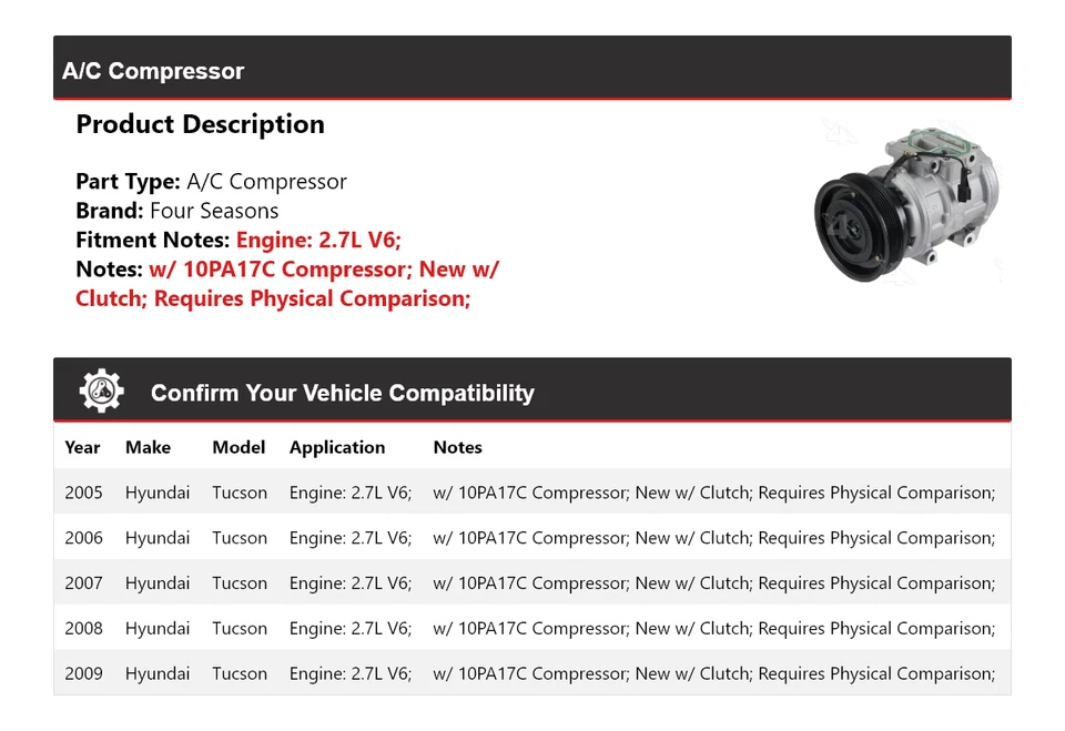 Compresor de aire acondicionado para Hyundai Tucson 2005-2009 2,7 L V6 4 estaciones 2006 2007 2008 Foto 2 de 4
