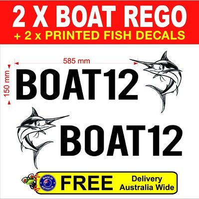 2X Custom Boat Rego Sticker 150mm Black + Digitally Printed Marlin boat ...