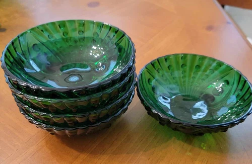  Vintage Set of ANCHOR HOCKING Emerald Green Hobnail Glass Footed Bowls 4.5"