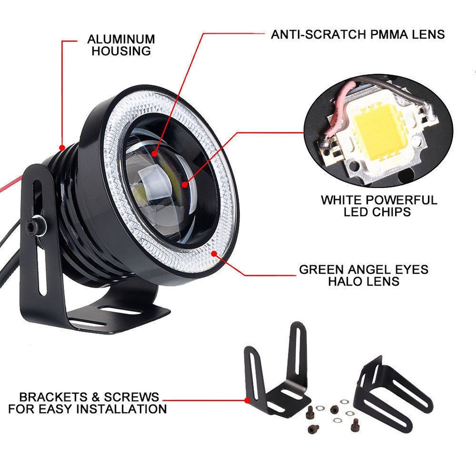 3.5 Inch LED Fog Light With Red Angel Eye Halo - Projector Driving Lamp, IP65 Waterproof