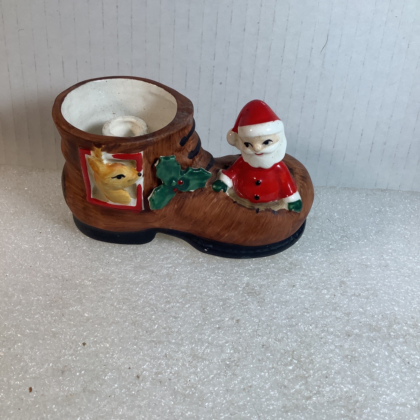 Vintage Napco Ceramic Christmas Boot Red Candle Holder Santa & Reindeer MCM
