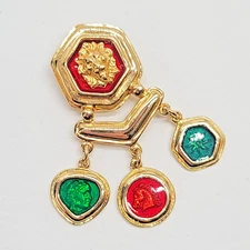 Lion Head Dangle Brooch Red Green Intaglio Medallions Etruscan Gold Tone Pin