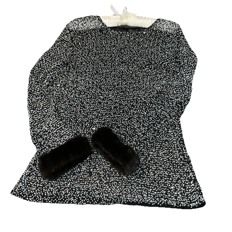 Blusa tejida vintage hecha a mano con cuentas de piel de visón negra plateada talla L Foto 4 de 4