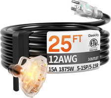 25 Ft 12 Gauge Heavy Duty 3 Outlet Extension Cord Splitter with Indicator, Water