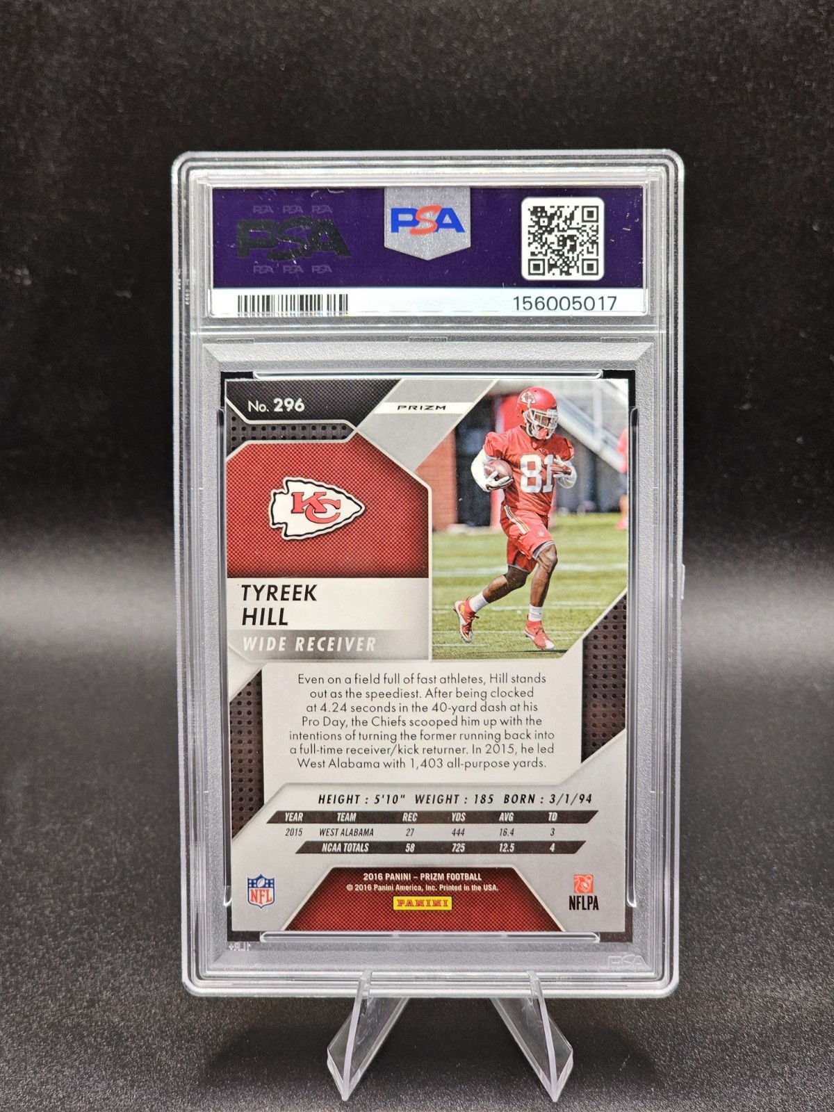 2016 Panini Prizm - Tyreek Hill Rookie #296 Silver Prizm (RC) - PSA 9 view 2