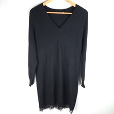 Tahari Black 100% Cashmere Sweater Dress Lace Hem V-Neck Long Sleeve Knee ~M