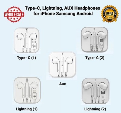 [12-Pack] Wholesale Wired Earphones with Mic   Type-C, Lightning, AUX Headphones