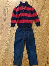 Lot Of 2 Ralph Lauren Polo Boys 4T Stripe Sweater 1/4 Zip  Navy Khaki Pants