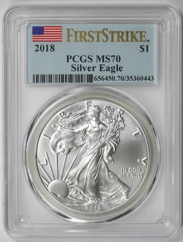 2018 American Silver Eagle $1 MS 70 PCGS First Strike Flag Label