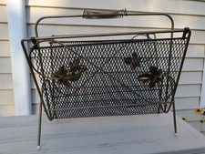 Vintage Mid Century Modern Metal Wire Magazine Rack / Record Holder Leaves Leaf