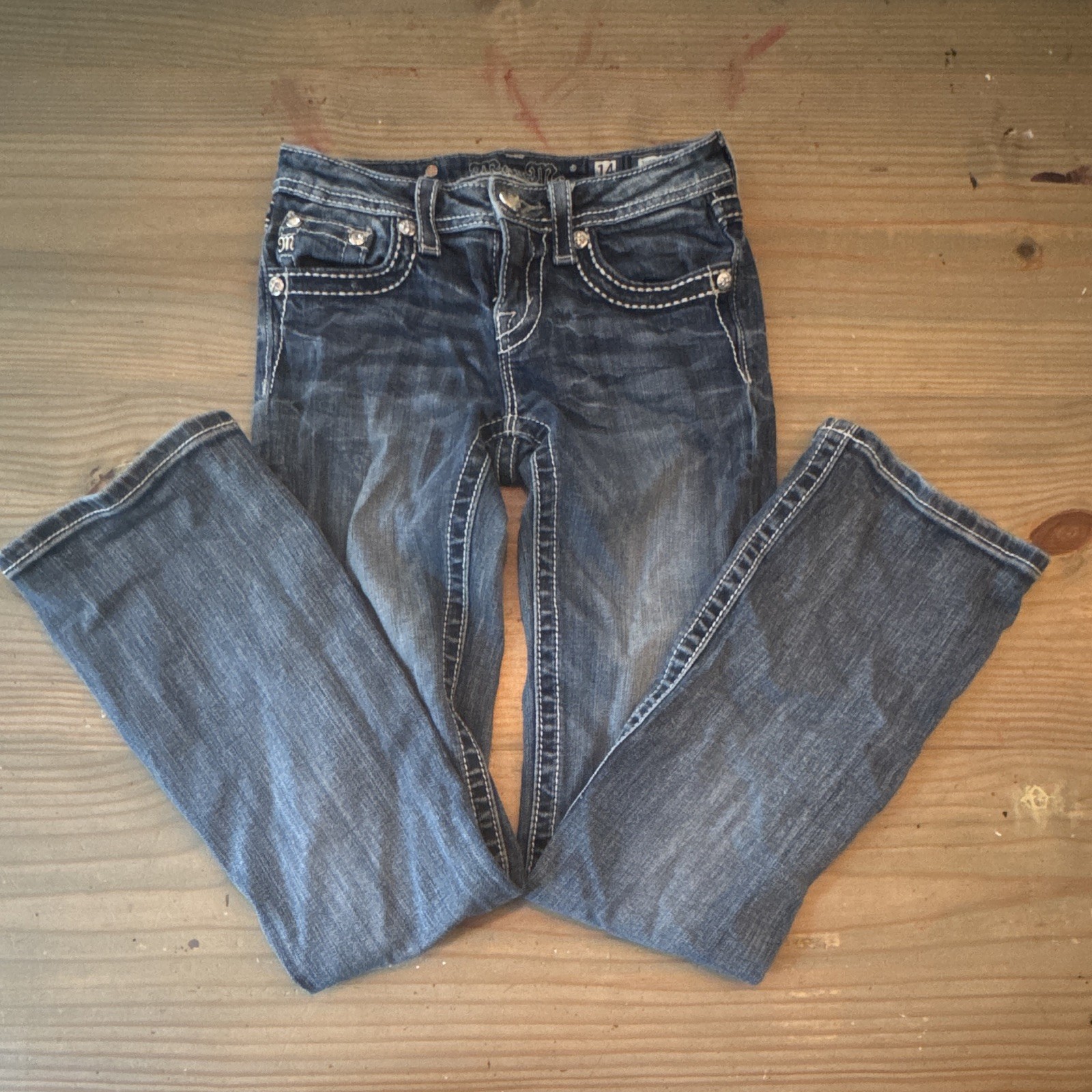 Miss Me Girls Size 14 Medium Wash Blue Bootcut Jeans Rhinestone Cross Pockets