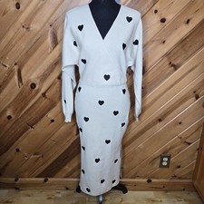 Anne Louise Boutique Cream Heart Jumper Dress Split Hem XS/S Stretch V Neck