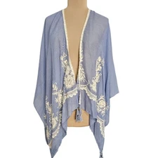 Chic Blue and White Embroidered Shawl Kimono Cardigan Lightweight