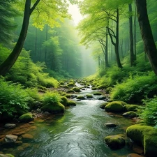 Enchanted Forest Stream Digital Art Poster | Deep Green Forest Nature Download