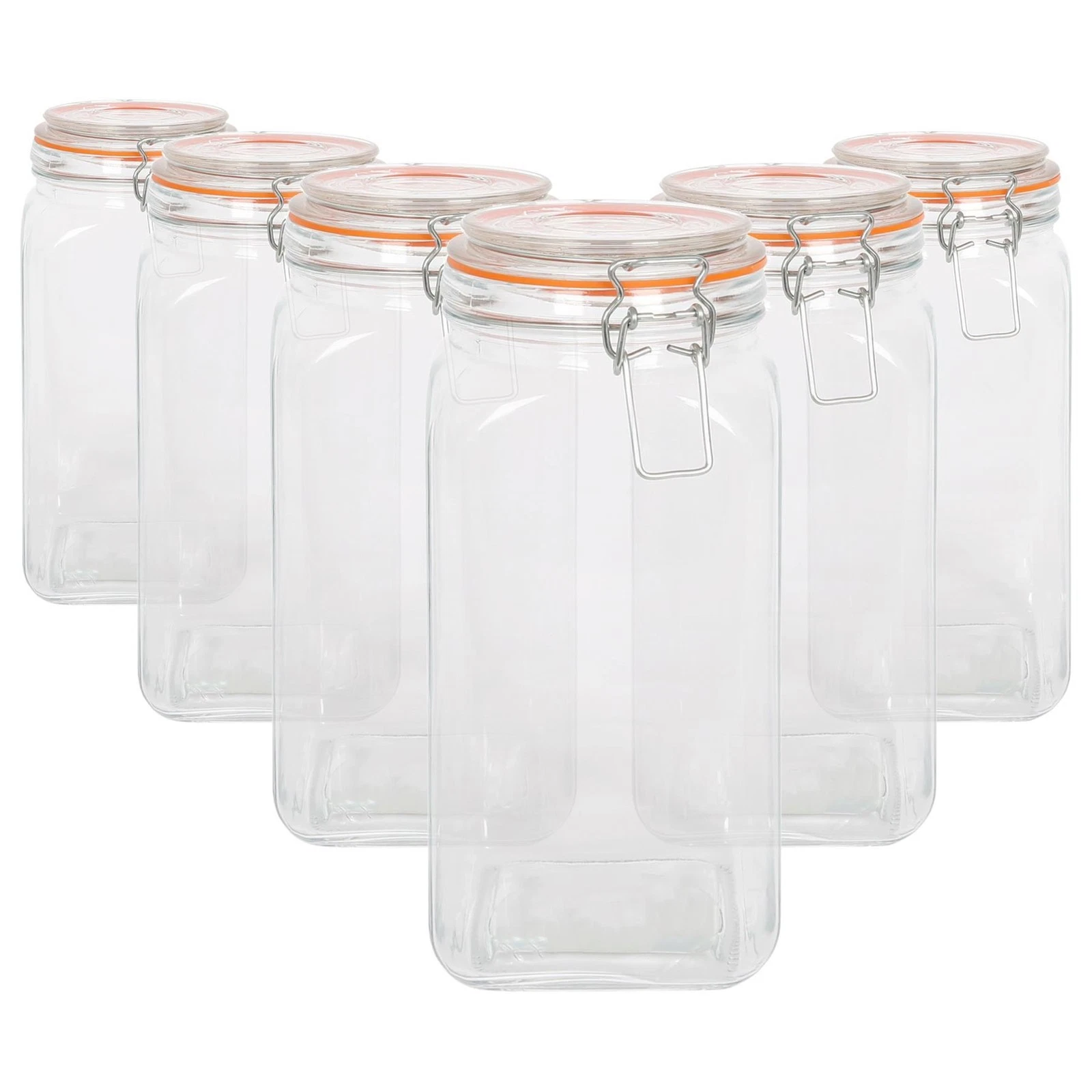 Argon Tableware Square Glass Jars with Clip-Top Lids - 1.7L - Pack of 6