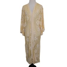 Woven Heart Embroidered Floral Duster Kimono Womens Size Medium Yellow Boho