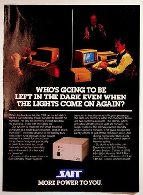 SAFT Vintage Magazine Ad Early Computer Power System UPS 1980s Retro Tech