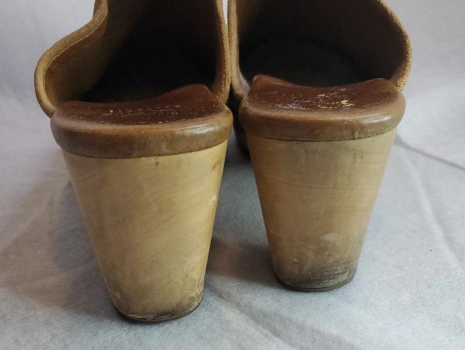 UGG Clogs Camel Brown Suede Stud Wood Sole Wedge Mule Slip On 7 - Image 2 of 4