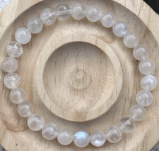 Weißes Mondstein Armband Stretcharmband 7 mm Edelstein Kristall blauer Flash