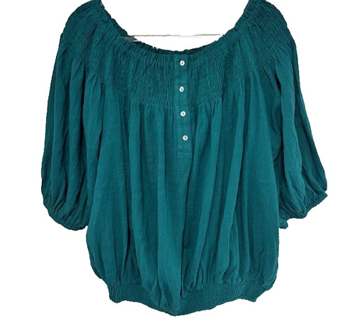 GiGiO USA Green Blue Peasant Top L Puff Sleeve Feminine Festival Flattering NWT